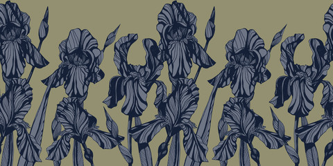 Iris flowers seamless pattern. Hand drawn ink illustration. Wallpaper or fabric design.