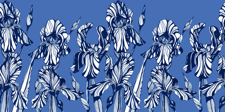 Iris flowers seamless pattern. Hand drawn ink illustration. Wallpaper or fabric design.