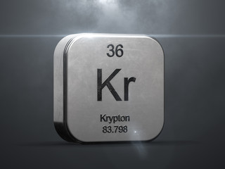 Krypton element from the periodic table. Metallic icon 3D rendered with nice lens flare