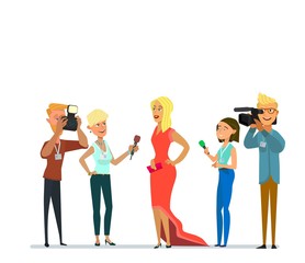 Fototapeta premium Celebrity and journalists. Young female elegant star, famous well-known person, newspaper or magazine men photographing her, mass media gathering hot news. Vector illustration with faceless characters