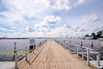 Wooden pier in river port of Saint-Petersburg, Russia.