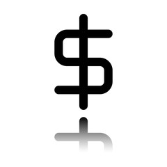 simple dollar symbol. Black icon with mirror reflection on white background