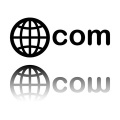 one of main domains, globe and com. Black icon with mirror reflection on white background