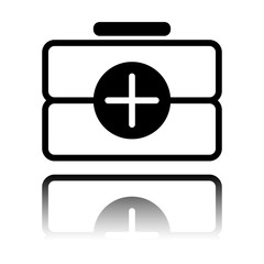 Obraz premium first-aid kit, outline symbol. Black icon with mirror reflection on white background