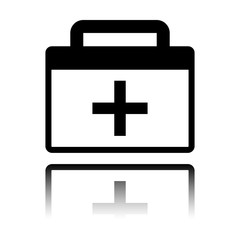 first-aid kit, simple icon. Black icon with mirror reflection on white background