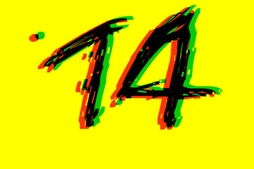 Handwritten 14 - Number fourteen in black,red,green on yellow background