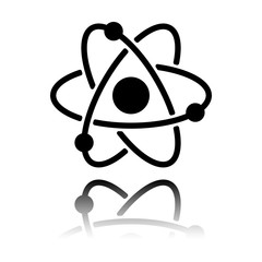 scientific atom symbol, simple icon. Black icon with mirror reflection on white background