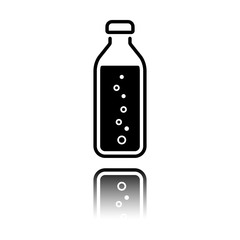 bottle of water with bubbles, simple icon. Black icon with mirror reflection on white background