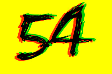 Handwritten 54 - Number fifty-four in black,red,green on yellow background