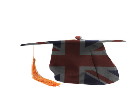 British flag on Graduation Cap.Education concept.