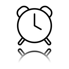 old alarm clock, simple icon, linear symbol with thin outline. Black icon with mirror reflection on white background