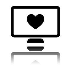 computer and heard. simple icon. Black icon with mirror reflection on white background