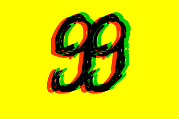 Handwritten 99 - Number ninety-nine in black,red,green on yellow background