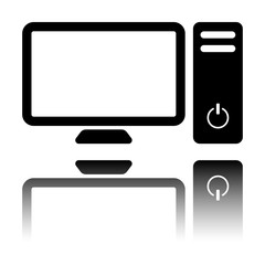Personal computer, pc. System unit and monitor. Black icon with mirror reflection on white background