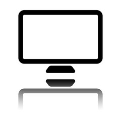 Computer monitor or modern TV. Simple icon. Black icon with mirror reflection on white background