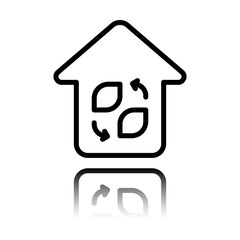 Eco house. Concept logo. Simple linear icon with thin outline. Black icon with mirror reflection on white background