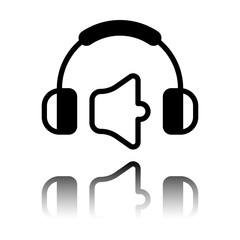 Headphones and volume level. Mute volume level. Simple icon. Black icon with mirror reflection on white background