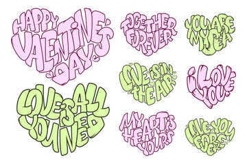 Set of Big hearts with lettering about Love, typography poster for Valentines Day, cards, prints.