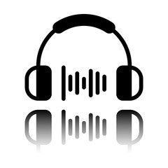 Headphones and music wave. Medium volume level. Simple icon. Black icon with mirror reflection on white background