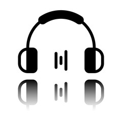 Headphones and music wave. Min volume level. Simple icon. Black icon with mirror reflection on white background