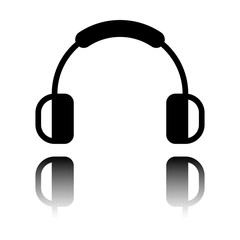 Headphones and music. Mute volume. Simple icon. Black icon with mirror reflection on white background
