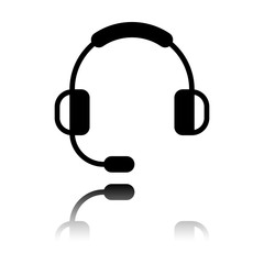 Headphones with microphone. Support service. Simple icon. Black icon with mirror reflection on white background