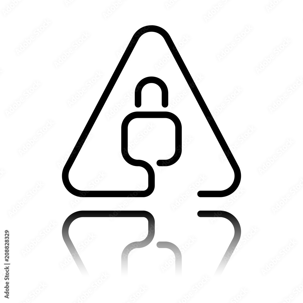 Poster lock in warning triangle. linear icon with thin outline. one line style. black icon with mirror refl