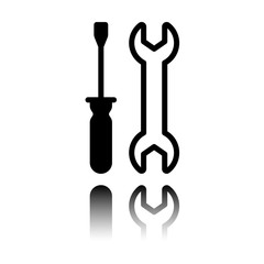 Repair service, wrench and screwdriver, tools. Black icon with mirror reflection on white background
