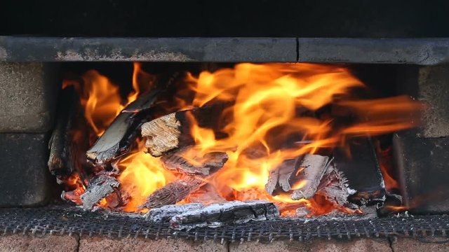 Wood Burning Fire Under a Barbecue In Summer Season