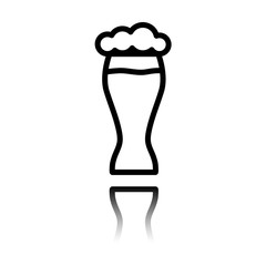 Beer glass. Simple linear icon with thin outline. Black icon with mirror reflection on white background