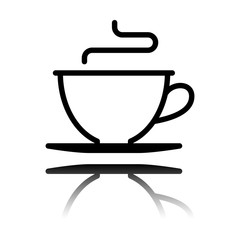 Simple cup of coffee or tea. Linear icon, thin outline. Black icon with mirror reflection on white background