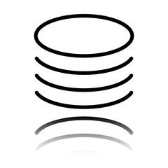 Database icon. Simple linear symbol, thin outline. Black icon with mirror reflection on white background