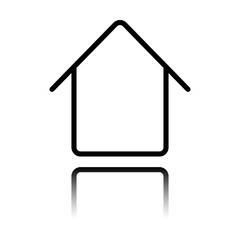 Simple house icon. Linear symbol, thin outline. Black icon with mirror reflection on white background