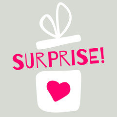 Surprise! Flat vector giftbox with heart. Cartoon style. 