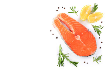 Slice of fish salmon with lemon, rosemary isolated on white background with copy space for your text. Top view. Flat lay