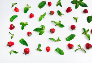 Strawberries and fresh mint on white background,  berry pattern