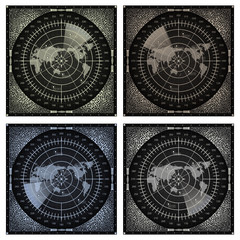 Collection of radar screens with world map, aims and circuit board elements of gray shades