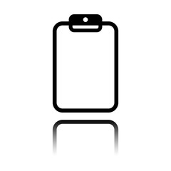 Tablet with paper. Black icon with mirror reflection on white background