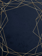 Vivid textured geometric frame. Abstract gold polygonal geometric frame with golden glitter triangles, geometric, diamond shapes on navy background.