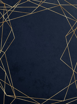 Fototapeta Vivid textured geometric frame. Abstract gold polygonal geometric frame with golden glitter triangles, geometric, diamond shapes on navy background.