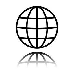 Simple globe icon. Linear, thin outline. Black icon with mirror reflection on white background