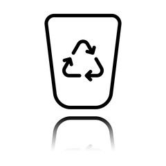 Recucle bin, reuse symbol on backet. Linear, thin outline. Black icon with mirror reflection on white background