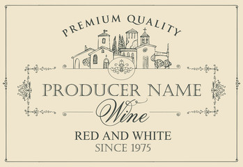 Vector wine label with calligraphic inscription and contour drawing of the European village in a frame with curls in retro style on beige background