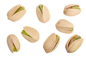 Pistachios isolated on white background, top view. Flat lay