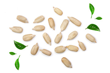 Peeled Sunflower seeds decorated with green leaves isolated on white background. Top view