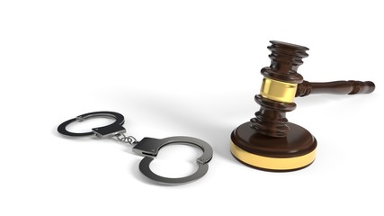 Justice gavel and handcuffs on white background, 3d rendering