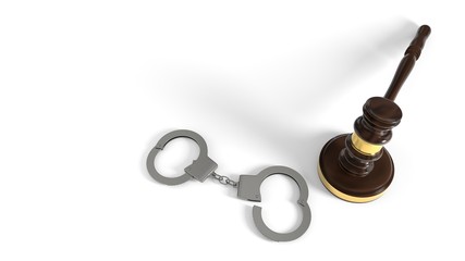 Justice gavel and handcuffs on white background, 3d rendering