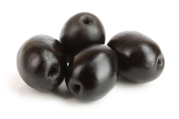 whole black olives isolated on white background macro