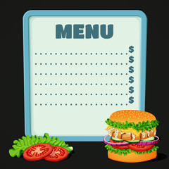Restaurant menu with burger and tomato slices.