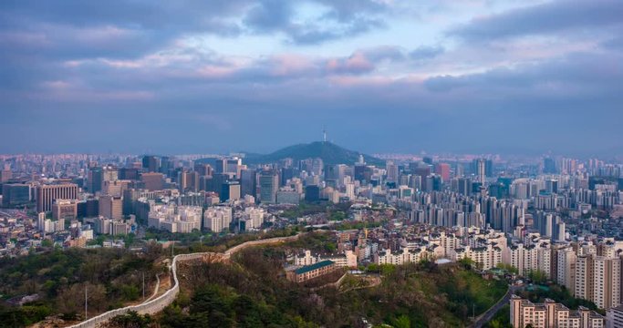 Seoul skyline on sunset timelapse, South Korea.